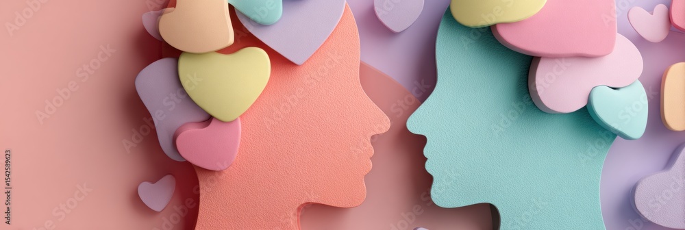 Poster Mind and Heart Symbols Overlap in a Pastel Field Expressing Connection and Emotion