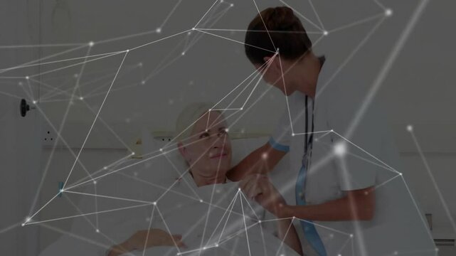 Nurse entering ward raising patient arm injecting for health, with semi-transparent network overlay