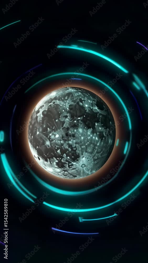 Poster futuristic glowing planet with neon light trails in deep space animation