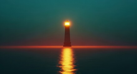 Fototapeta premium A lighthouse stands tall in the water with a bright light shining against a dark teal and orange sky