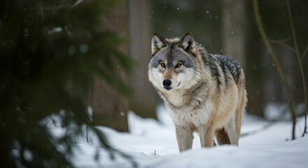 Obraz premium Gray Wolf Standing in Snow Covered Winter Forest | Wildlife Conservation and Nature Photography