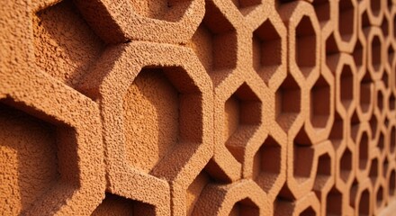 A close up of a textured orange wall with a repeating honeycomb pattern in a symmetrical arrangement