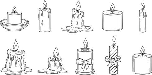 Sketch of Candles. Hand drawn vector illustration with candlelight in doodle style for Christmas or birthday design. Simple contour drawing for icon or logo. Black line on white isolated background 