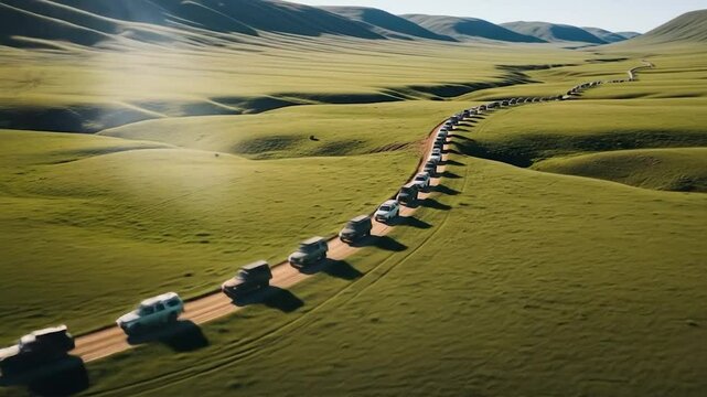 Convoy of SUVs Driving Through Vast Green Landscape on a Dirt Road in Sunny Weather