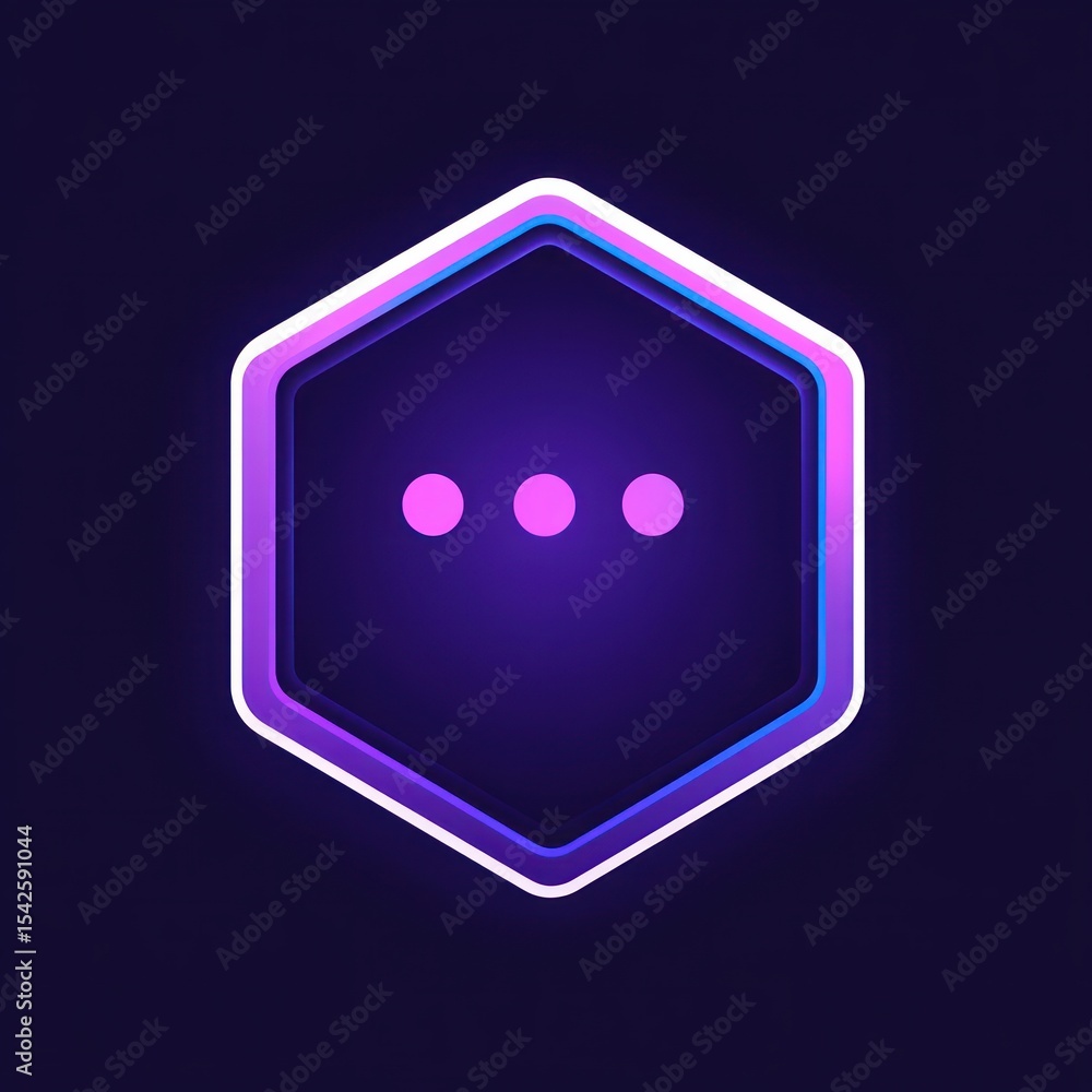Poster hexagonal futuristic icon with glowing purple and blue gradient border surrounding three pink dots o