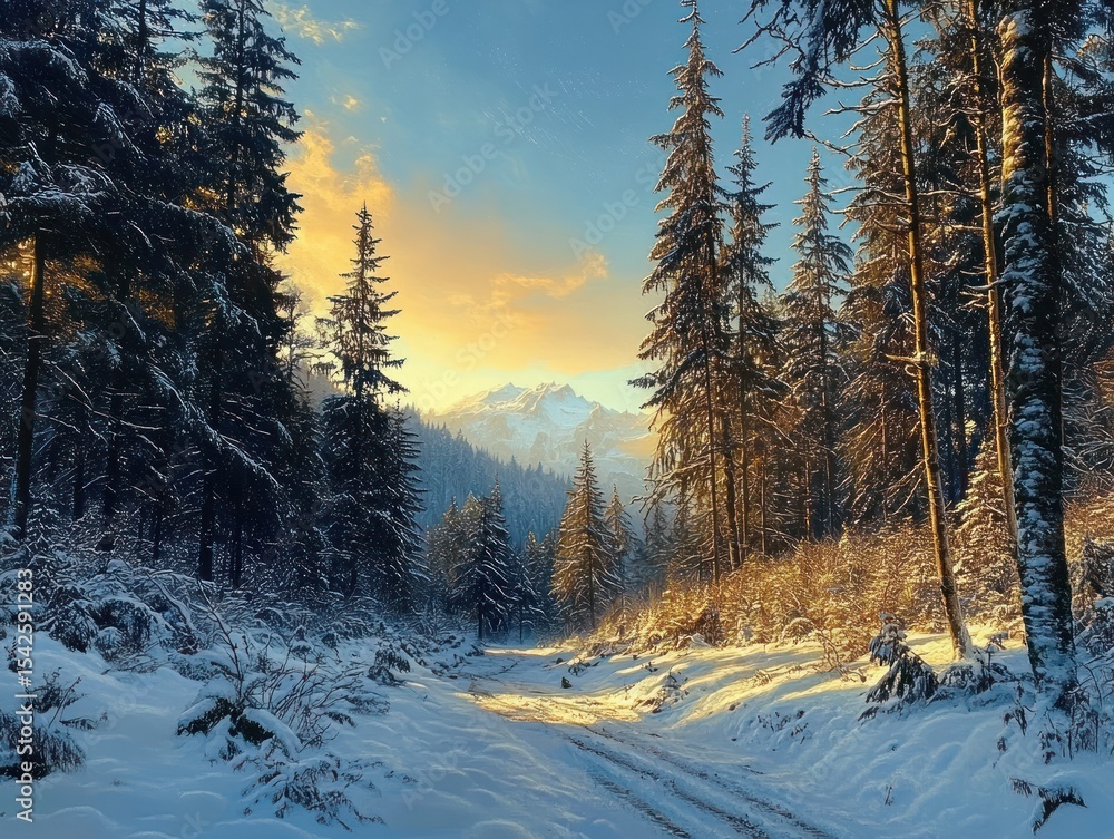 Poster snow-covered forest path illuminated by golden sunlight with tall pine trees and distant snow-capped