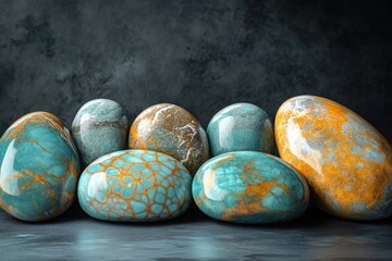 A collection of smooth, polished stones in shades of blue, gray, and gold arranged on a dark surface.