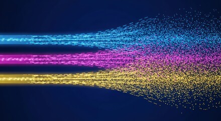 Three streams of colored particles converging on a dark blue background in a digital abstract art style