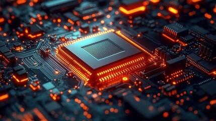 Obraz premium close-up of a glowing orange and black microchip on a complex electronic circuit board with illuminated pathways and components