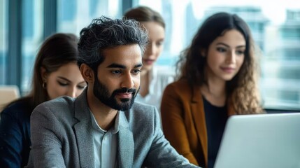 Fototapeta premium A diverse group of young professionals working collaboratively on a laptop in a modern office with large windows and an urban backdrop, focused and engaged