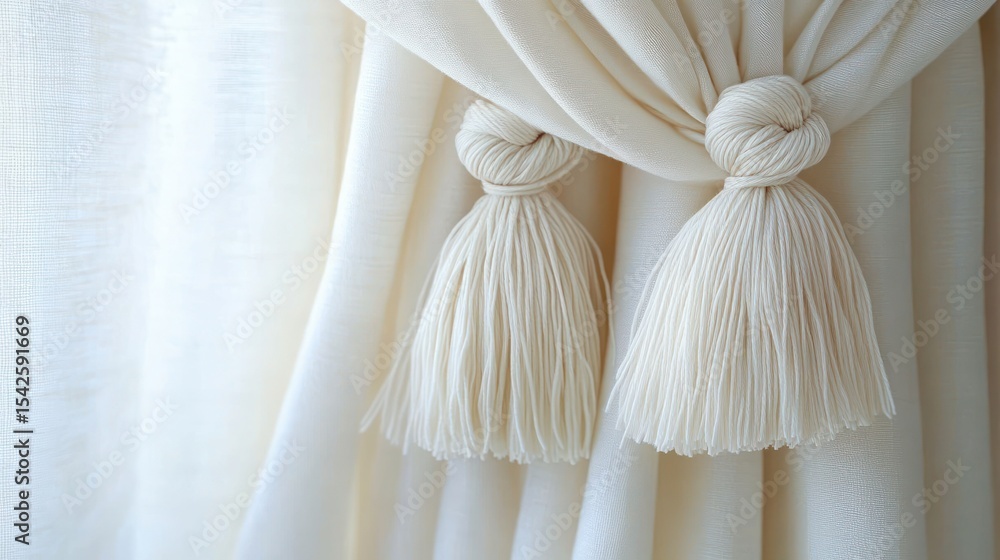 Poster close-up of two creamy white tassels tied to matching curtain fabric with soft natural light creatin