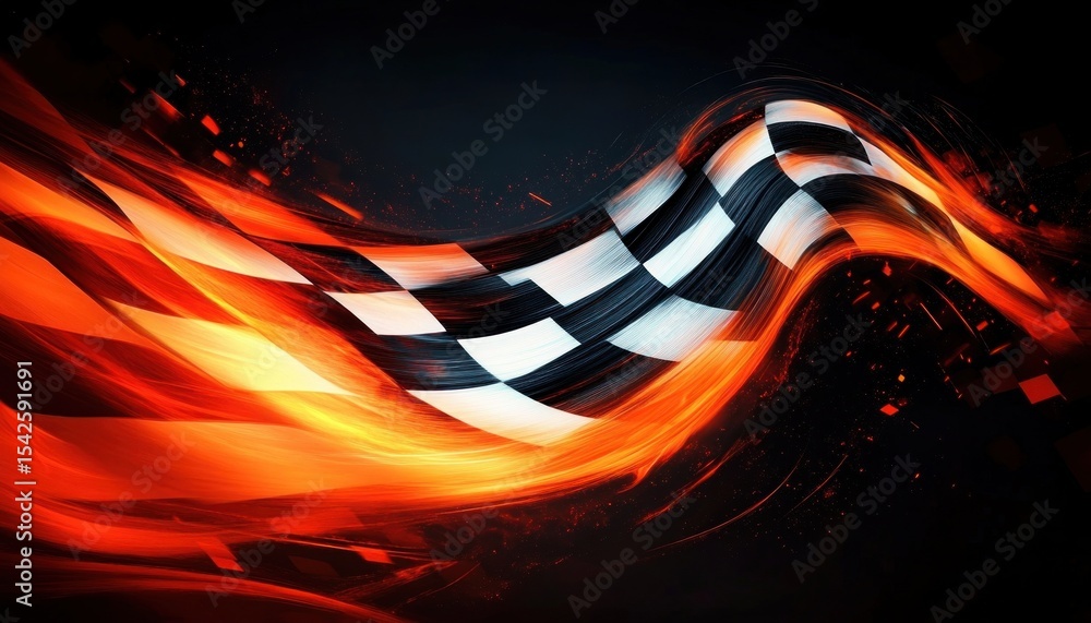 Poster dynamic racing checkered flag engulfed in vivid flames with motion blur and sparks on dark backgroun