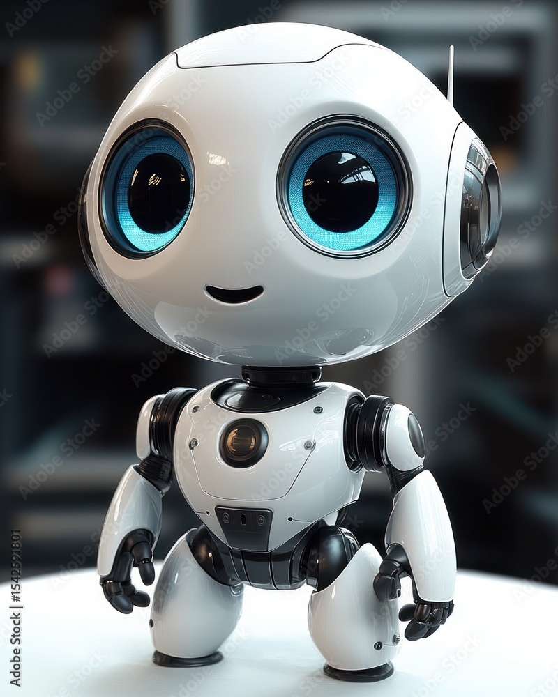 Aufkleber small futuristic white robot with large blue eyes standing on a table with a friendly expression in 