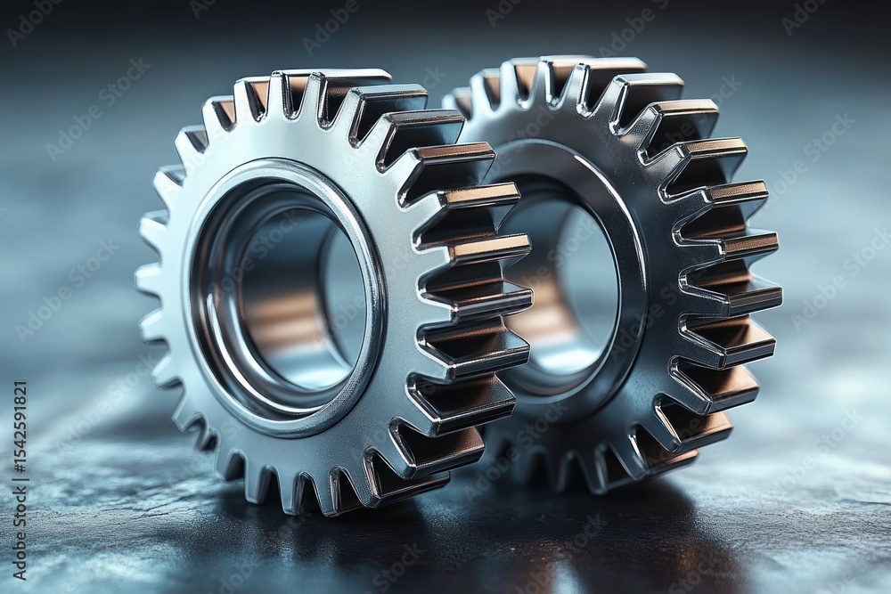 Aufkleber two interlocking shiny metallic gears on a reflective surface symbolizing precision and mechanical e