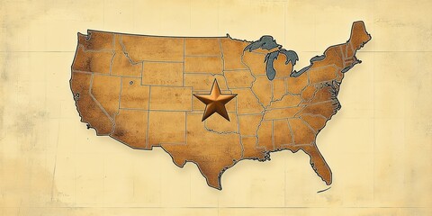 Antique-style map of the United States with states outlined and a large bronze star marking the central region evoking a vintage and historical feel