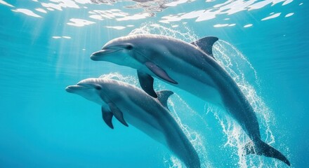 Fototapeta premium Two dolphins swimming gracefully underwater in clear blue ocean water with sunlight penetrating through