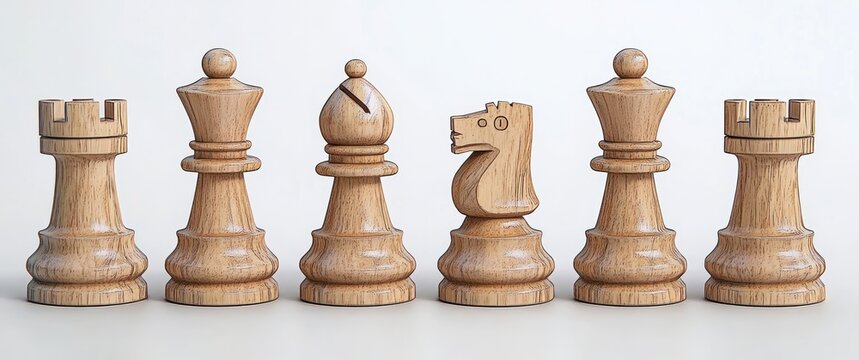 Six polished wooden chess pieces lined up including two rooks, two queens, a bishop, and a knight on a plain white background