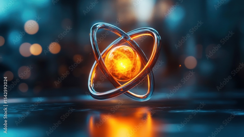 Poster glowing orange atom model with three silver electron orbits floating above a reflective surface agai