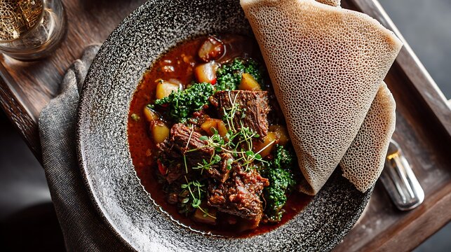 Overhead view of doro wat with injera flatbread on the side, rich textures of stew captured