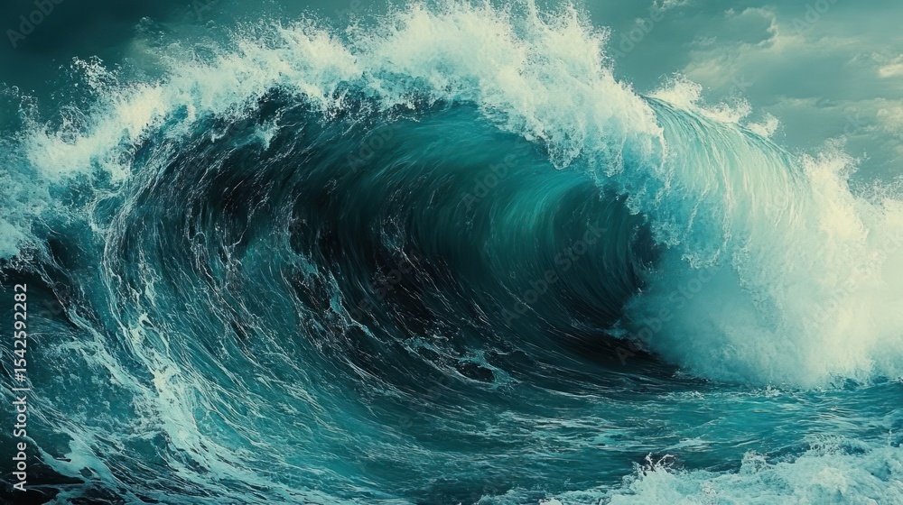 Poster powerful ocean wave curling and crashing under cloudy sky with dynamic movement and energy