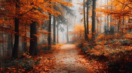 Autumn forest with fallen leaves and light fog Dirt path covered in orange leaves, tall trees, soft filtered light