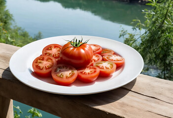 Fototapeta premium Freshly cut tomatoes are placed on a plain plate with a view of a large river.