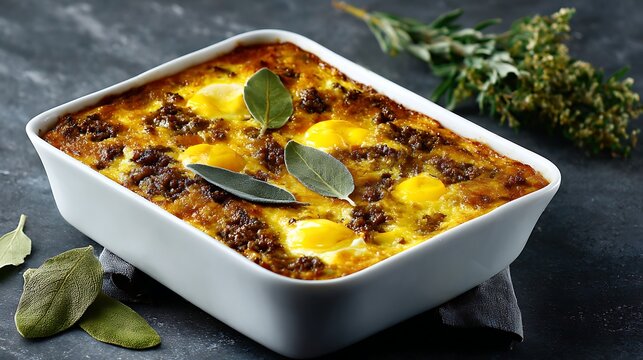 South African bobotie served in a white baking dish, golden egg topping and ground beef base,