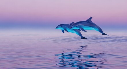 Two dolphins leaping out of the water at sunset with reflections on the surface of the ocean water