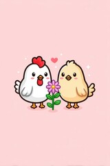 Adorable White and Yellow Chicks Sharing a Flower on Pink Background