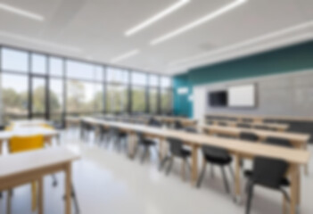 Modern themed classroom interior with wooden desks, blurry photo