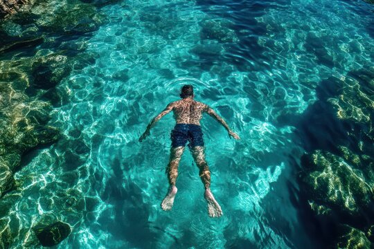 Man swimming face down in clear turquoise water surrounded by rocky underwater landscape on a sunny day - Powered by Adobe