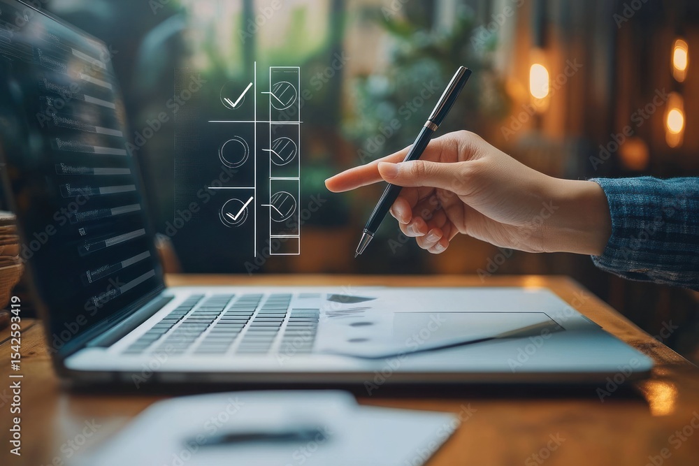 Poster hand holding a pen pointing at a laptop screen displaying digital checklists and pie chart icons in 