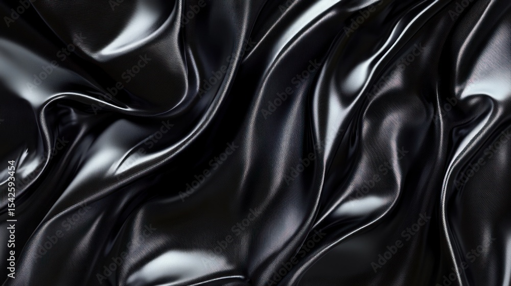 Poster close-up view of smooth, shiny black satin fabric with flowing curves and reflective highlights crea