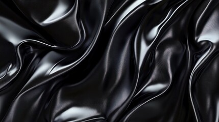 Close-up view of smooth, shiny black satin fabric with flowing curves and reflective highlights creating a luxurious texture