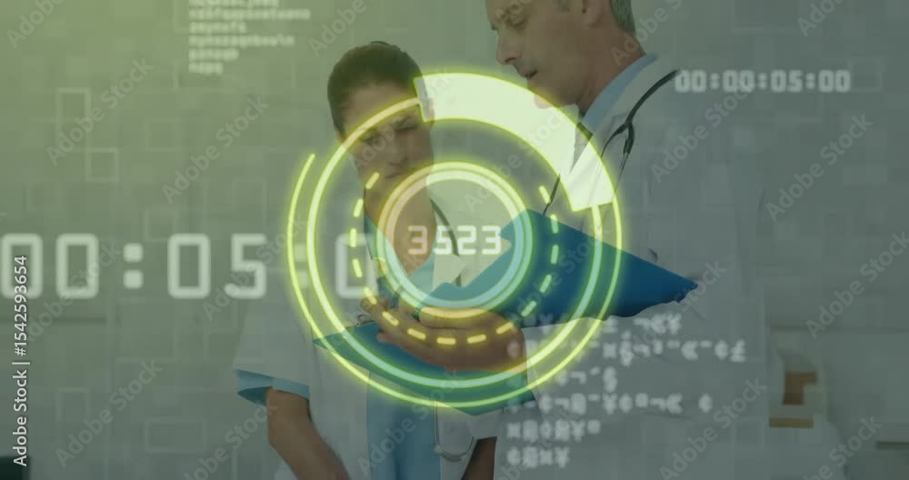 Poster as rotating hud overlay timer counting, doctor grabbing blue folder while nurse reading health data