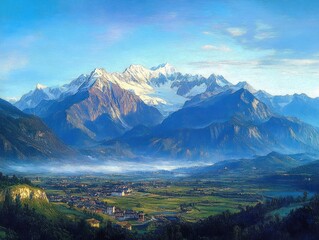Vast mountain range with snow-covered peaks overlooking a lush green valley and small village under a clear blue sky with soft clouds