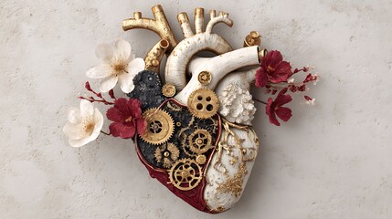 Heart divided into gears and flowers Half mechanical, half natural, on a white or textured background