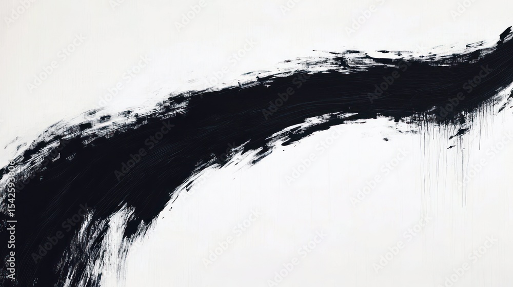 Poster abstract black brushstroke sweeping across white background with textured edges and drip marks evoki