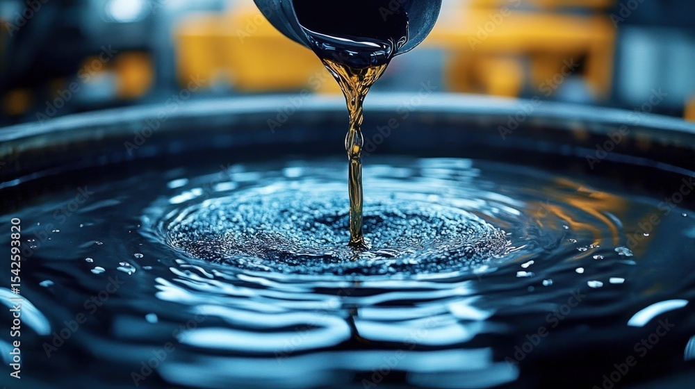 Poster close-up of dark liquid being poured into a large container creating ripples and a swirling effect