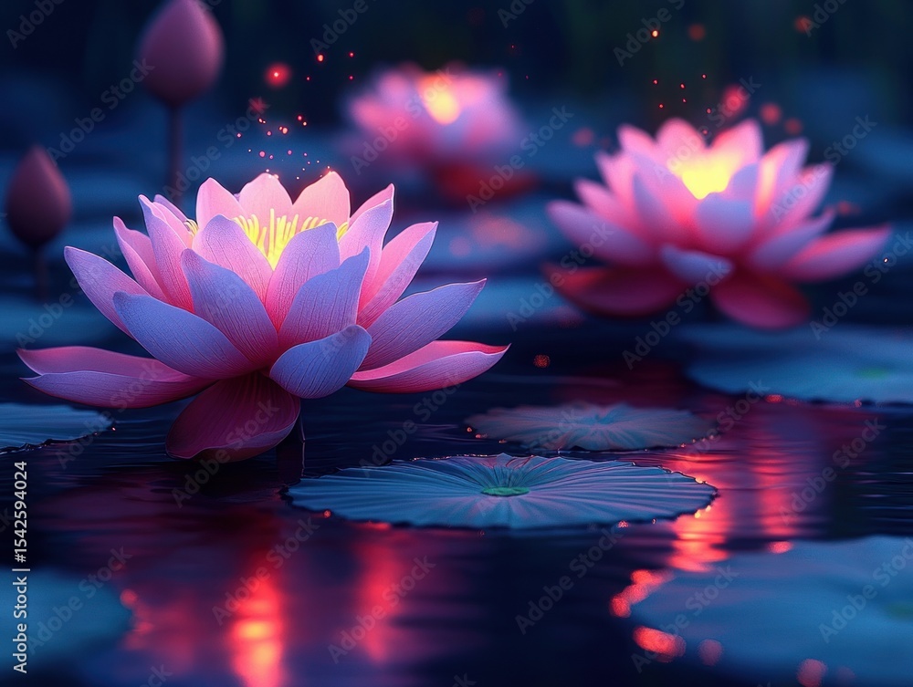 Aufkleber glowing pink lotus flowers blooming on a calm water surface at dusk with soft reflections and floati