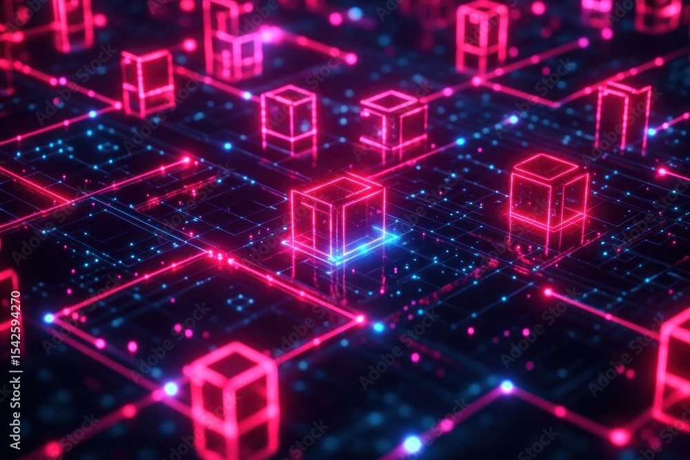 Poster glowing neon pink cubes connected by a grid of light points and lines on a dark digital surface, cre