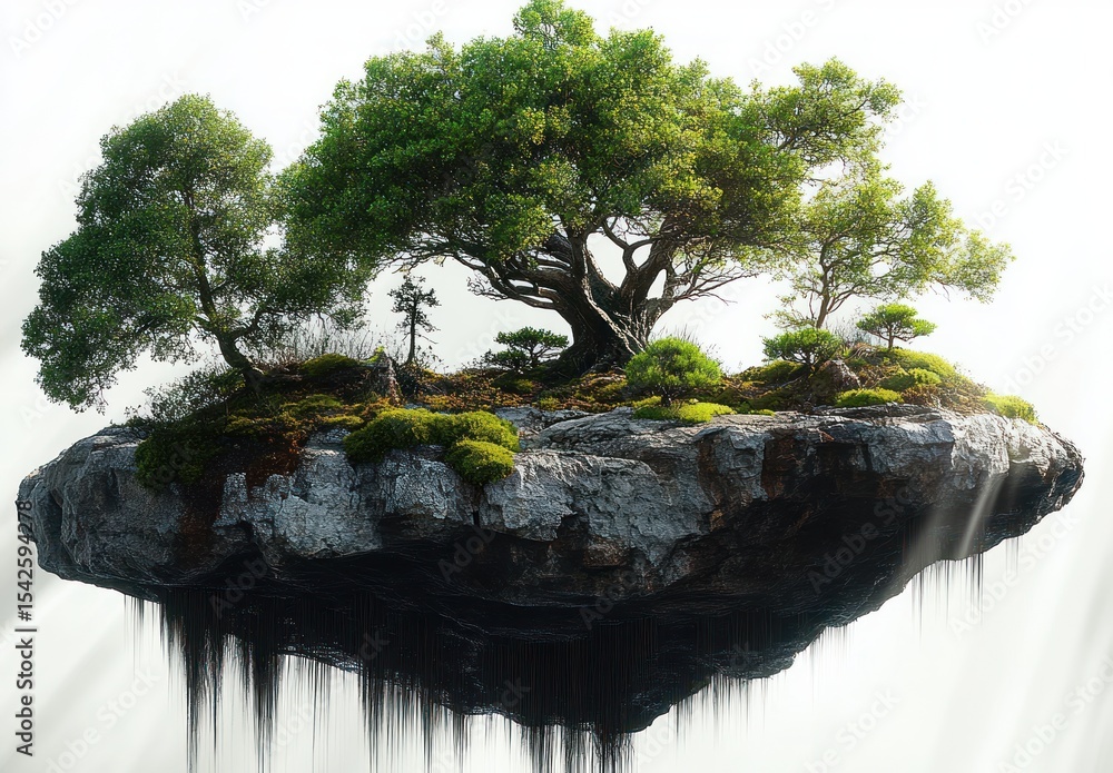 Poster floating rocky island with lush green trees and moss in bright light creating a serene and surreal a