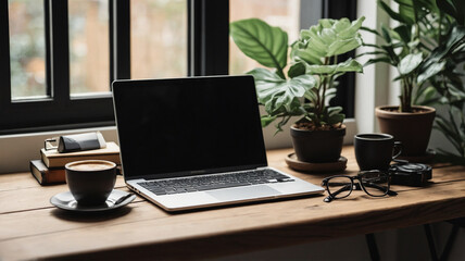 Fototapeta premium Flat lay of a laptop on a minimalist wooden desk, with coffee cup, plant, notebook, and glasses, natural window light, productivity aesthetic
