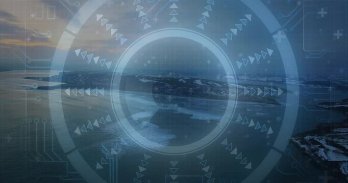 Subtle blue grid overlay fading in activating digital HUD scanning snow-dusted island for mapping