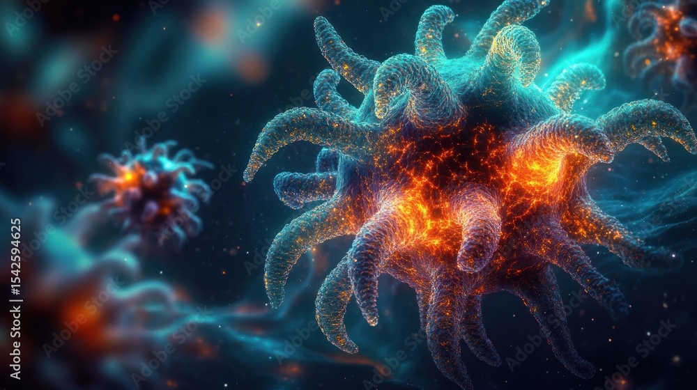 Poster close-up of glowing microscopic virus or bacteria with tentacle-like structures in a dark, ethereal 