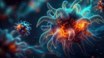 Obraz premium Close-up of glowing microscopic virus or bacteria with tentacle-like structures in a dark, ethereal environment evoking a sense of mystery and biological complexity