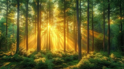 Obraz premium Golden sunlight beams piercing through tall trees in a lush green forest creating a peaceful and magical atmosphere
