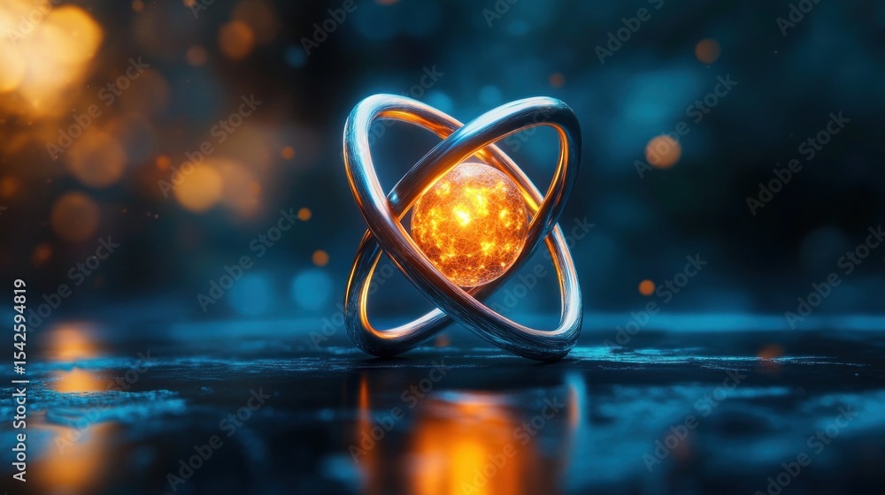 Poster glowing fiery core surrounded by three smooth metallic elliptical rings with a dark and blurred back