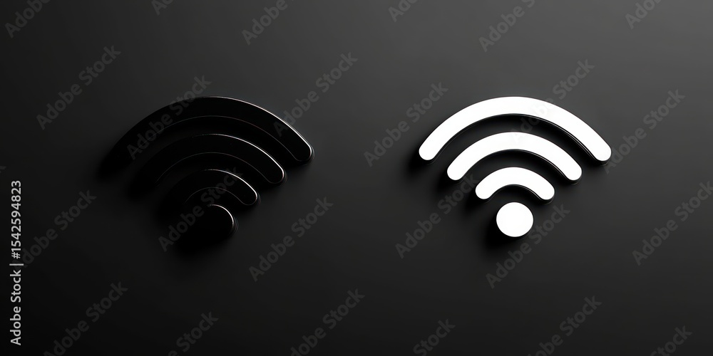 Poster black and white 3d wireless internet signal icons on dark gray background representing connectivity 
