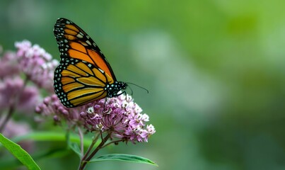 Obraz premium a monach butterfly sitting on purple milk weed with a blurred green background, Generative AI